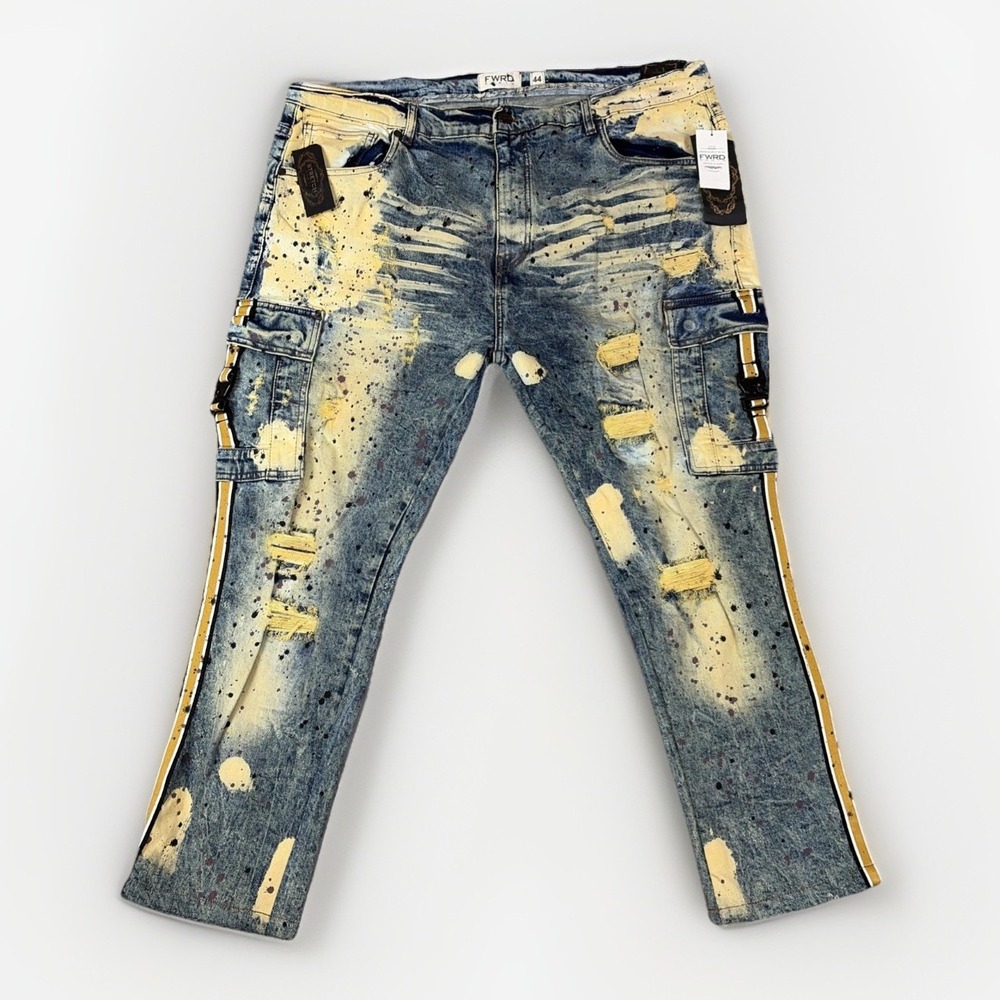 FWRD Denim Cargo Jeans Mens 44x28 Blue Yellow Paint Splatter Distressed Slim Fit